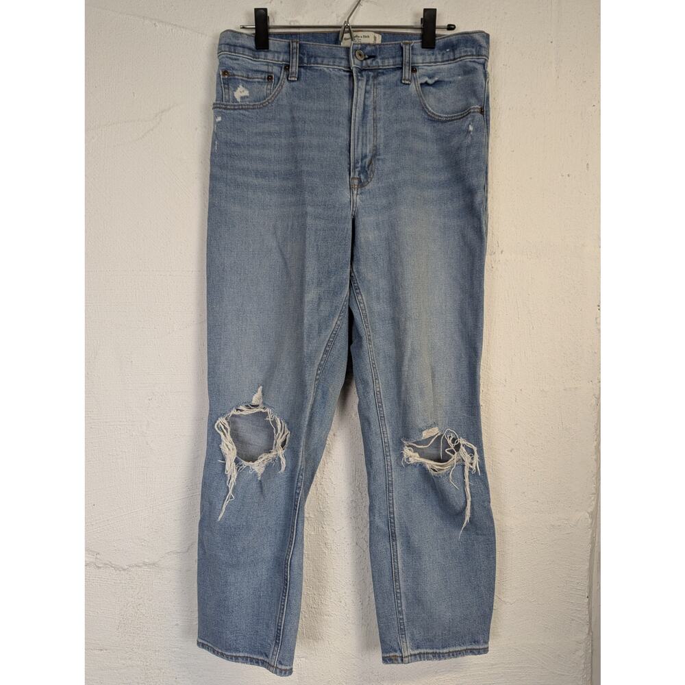 Abercrombie & Fitch Mom High Rise Jeans Blue Denim Torn Distressed Crop Size 30